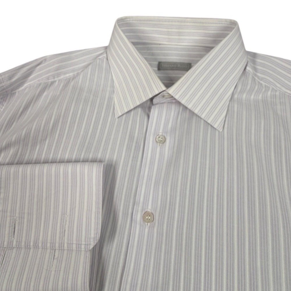 Stefano Ricci Mens Dress Shirt Striped French Cuff Cotton Italy White Purple 18